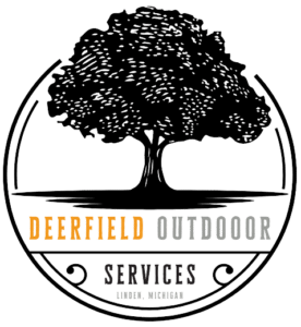 Logo of "Deerfield Outdoor Services" featuring a large tree in the center, with "Linden, Michigan" written below.