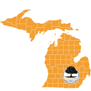 An orange silhouette map of Michigan with the Deerfield Outdoor Services logo featuring a tree, located towards the bottom right.