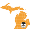 An orange silhouette map of Michigan with the Deerfield Outdoor Services logo featuring a tree, located towards the bottom right.